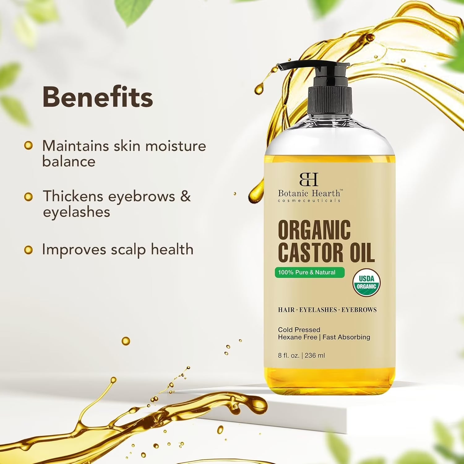 Castor Oil (6.7 Fl Oz) | USDA Certified Organic | 100% Pure & Hexane Free | Cold Pressed | Promotes Growth for Eyelashes, Eyebrows & Hair