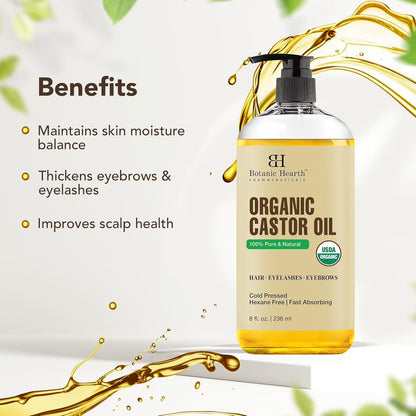 Castor Oil (6.7 Fl Oz) | USDA Certified Organic | 100% Pure & Hexane Free | Cold Pressed | Promotes Growth for Eyelashes, Eyebrows & Hair