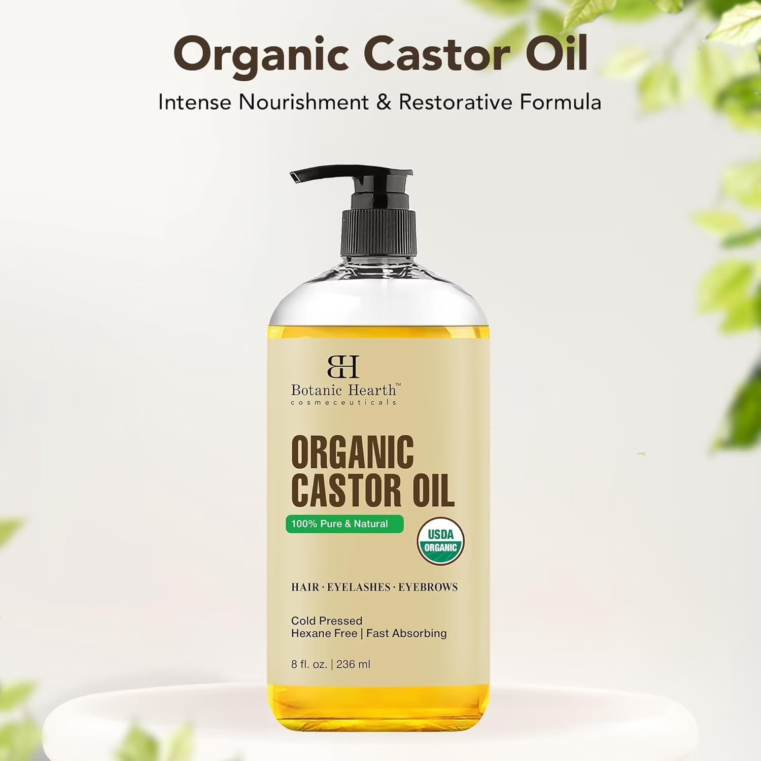 Castor Oil (6.7 Fl Oz) | USDA Certified Organic | 100% Pure & Hexane Free | Cold Pressed | Promotes Growth for Eyelashes, Eyebrows & Hair