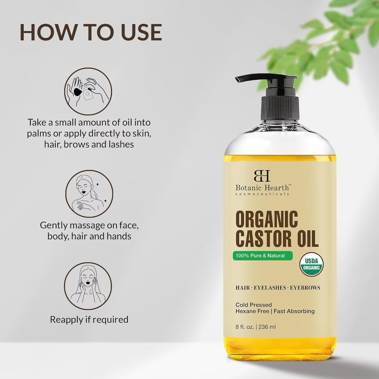 Castor Oil (6.7 Fl Oz) | USDA Certified Organic | 100% Pure & Hexane Free | Cold Pressed | Promotes Growth for Eyelashes, Eyebrows & Hair