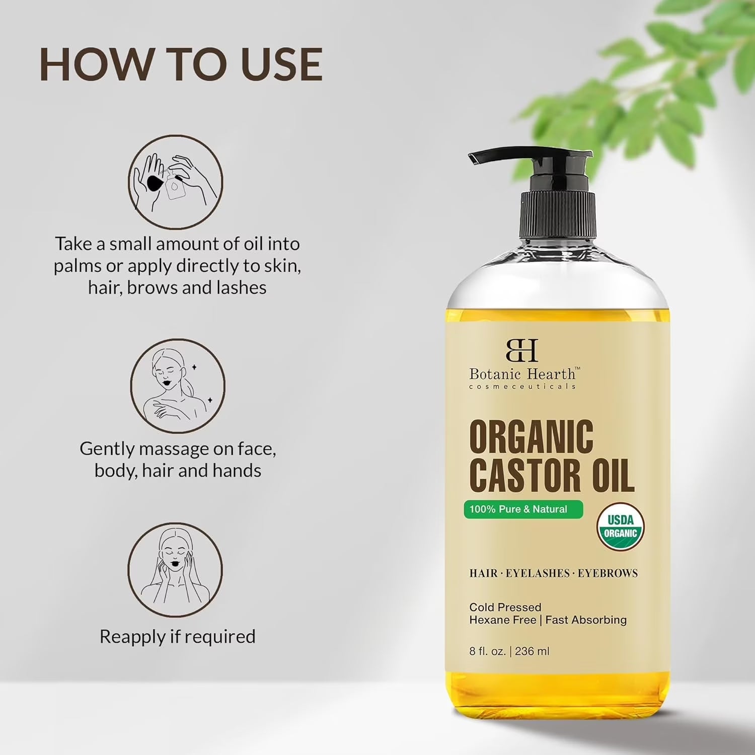 Castor Oil (6.7 Fl Oz) | USDA Certified Organic | 100% Pure & Hexane Free | Cold Pressed | Promotes Growth for Eyelashes, Eyebrows & Hair