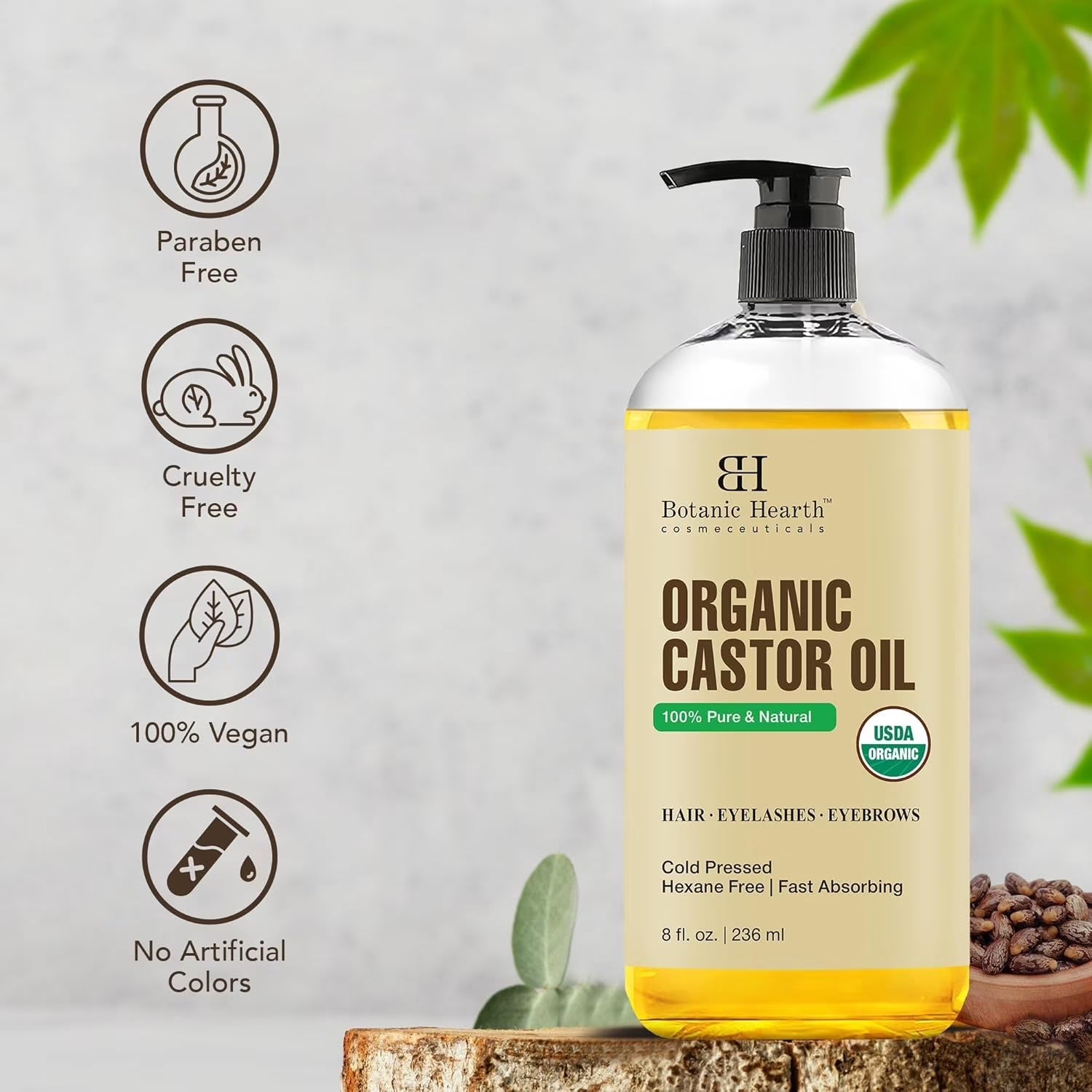 Castor Oil (6.7 Fl Oz) | USDA Certified Organic | 100% Pure & Hexane Free | Cold Pressed | Promotes Growth for Eyelashes, Eyebrows & Hair