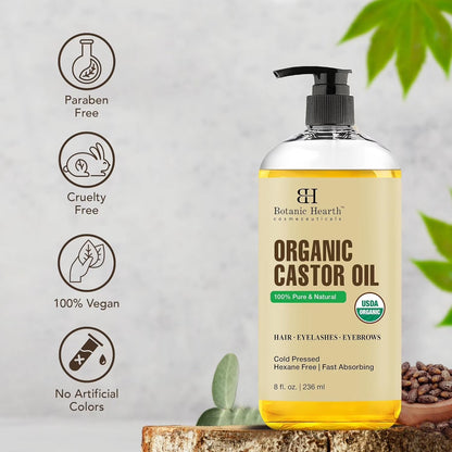 Castor Oil (6.7 Fl Oz) | USDA Certified Organic | 100% Pure & Hexane Free | Cold Pressed | Promotes Growth for Eyelashes, Eyebrows & Hair
